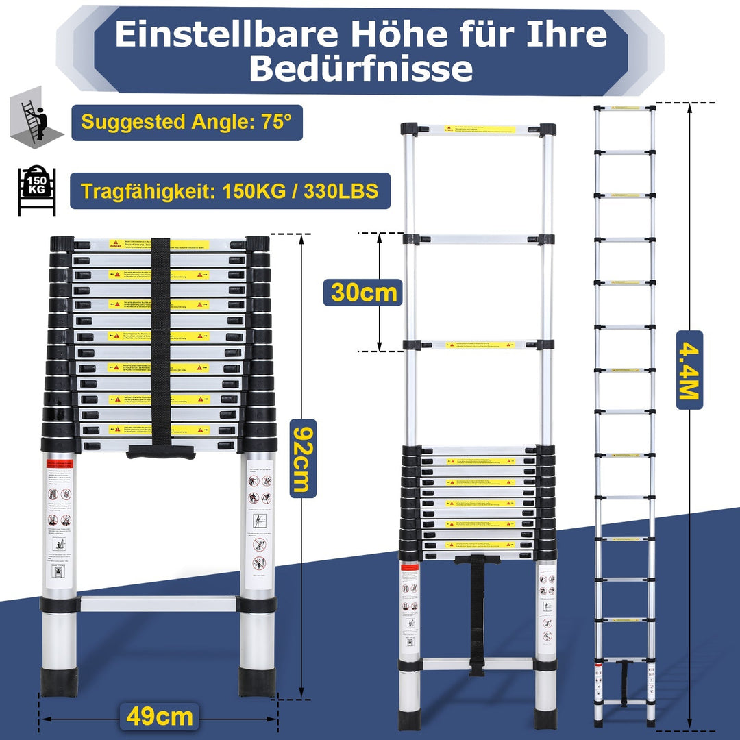 Teleskopisk stige Aluminium Belastningsevne opp til 150kg 2,6m-5m | Luvikno