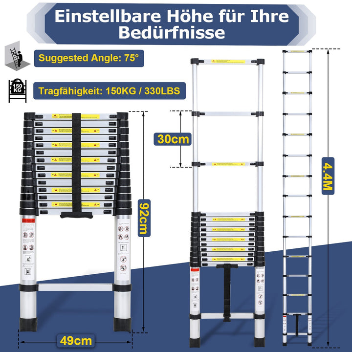 Teleskopisk stige Aluminium Belastningsevne opp til 150kg 2,6m-5m | Luvikno