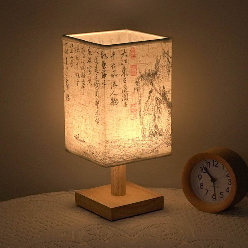 LED bordlampe i firkantet design – trebase med japansk mønster | Luvikno