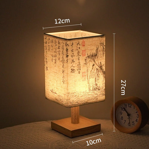 LED bordlampe i firkantet design – trebase med japansk mønster | Luvikno