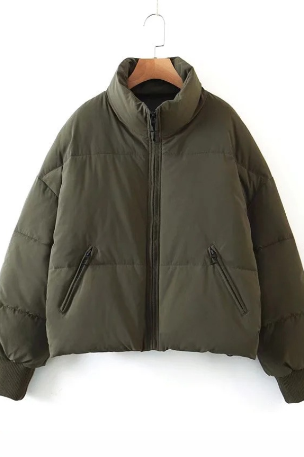 Luvik | Kauluksessa Vetoketju Tasku Paksu Lämmin Puuvillatakki