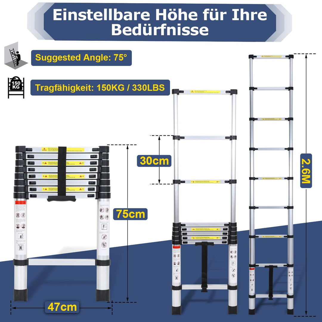 Teleskopisk stige Aluminium Belastningsevne opp til 150kg 2,6m-5m | Luvikno
