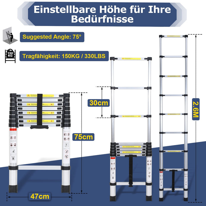 Teleskopisk stige Aluminium Belastningsevne opp til 150kg 2,6m-5m | Luvikno