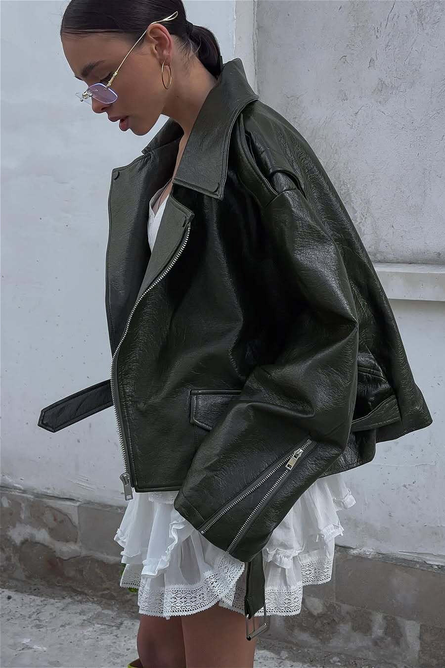 Luvik | Ylös Vihreä Nahkamoottoripyörätakki