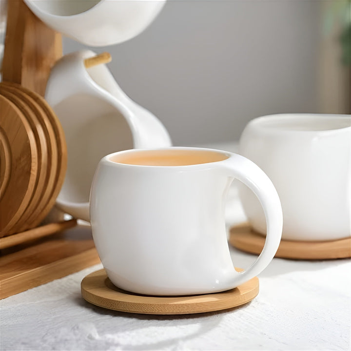 Keramisk Kaffe Krus Sett med Tallerken & Stativ – Stilig og Dekorativ | Perfekt for Kafé og Hjem | Luvikno