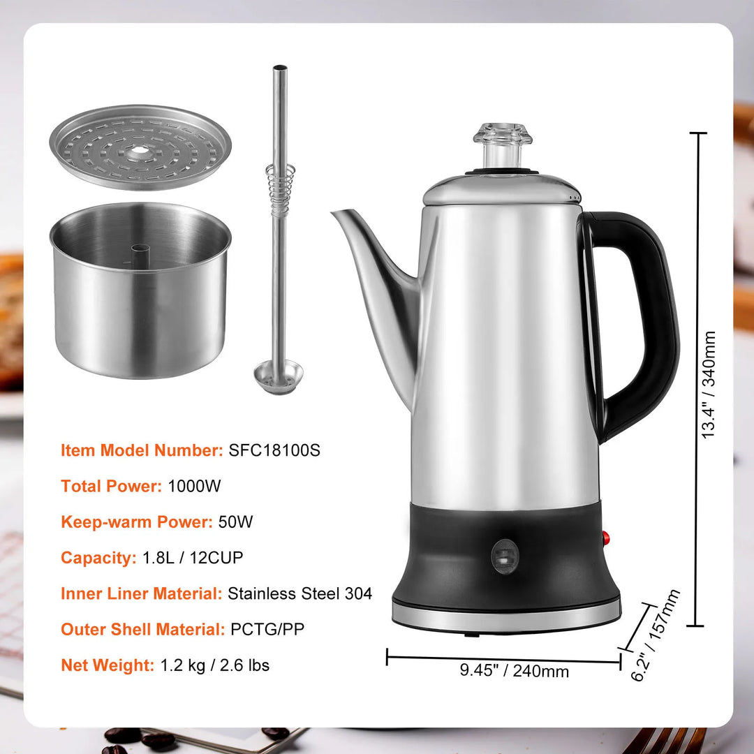 Elektrisk Kaffekanne Rustfritt Stål Kaffe Perkolator med Hold Varm | Luvikno