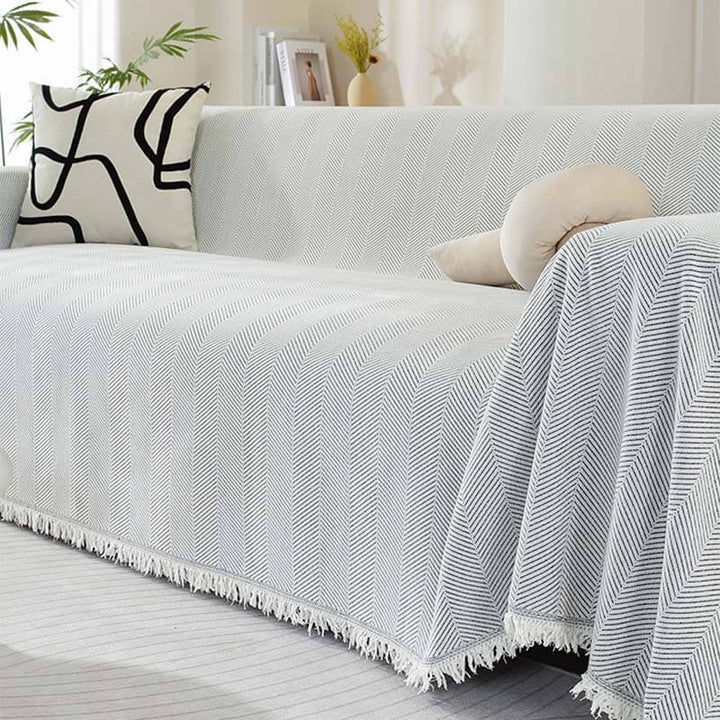 Chenille Sofa Cover Herringbone Frynse Design Luvikno