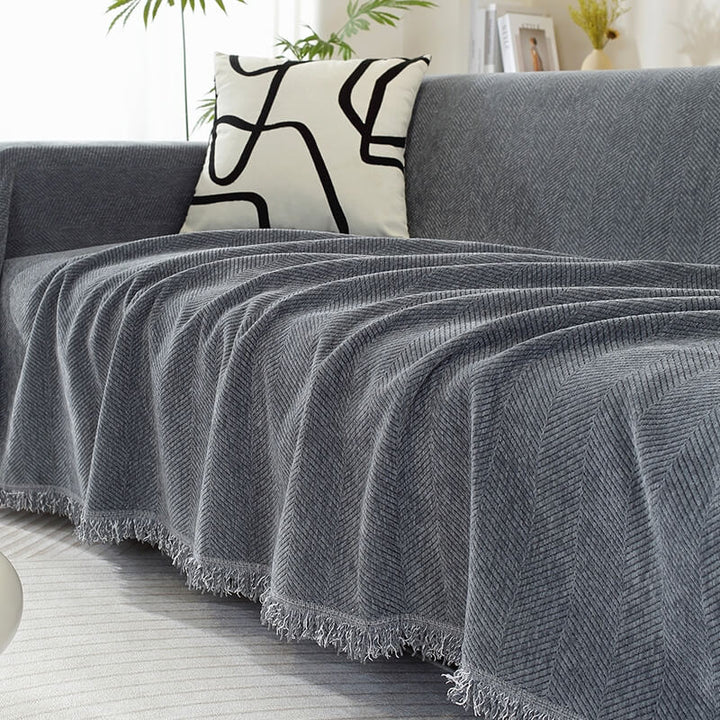 Chenille Sofa Cover Herringbone Frynse Design Luvikno