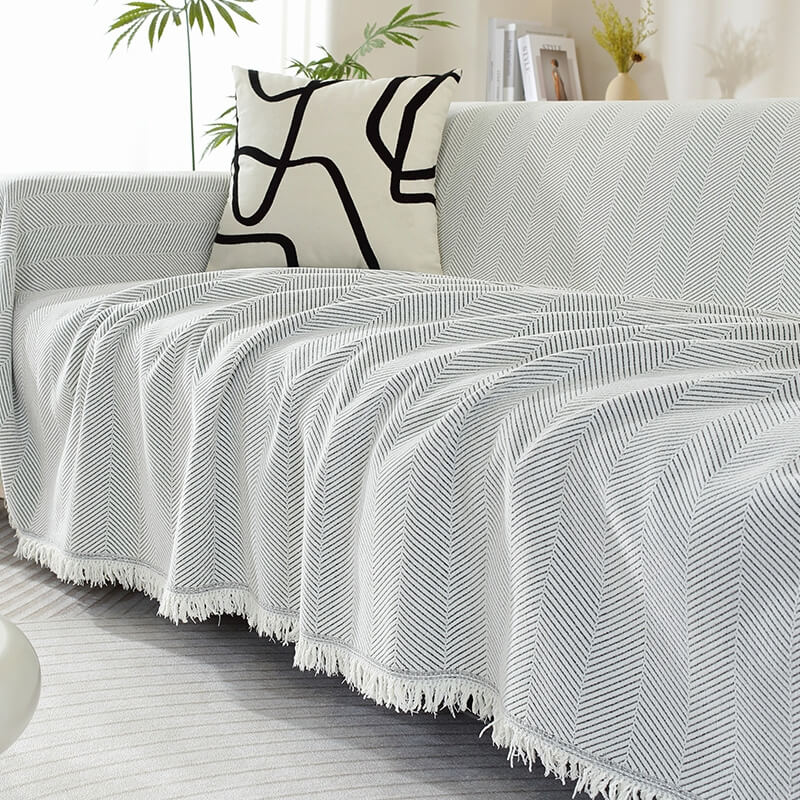 Chenille Sofa Cover Herringbone Frynse Design Luvikno