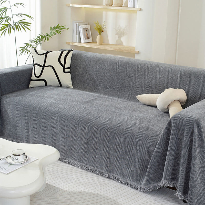 Chenille Sofa Cover Herringbone Frynse Design Luvikno