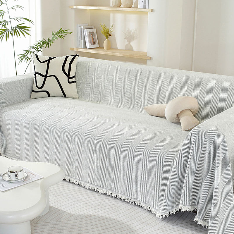 Chenille Sofa Cover Herringbone Frynse Design Luvikno