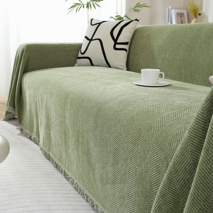 Chenille Sofa Cover Herringbone Frynse Design Luvikno