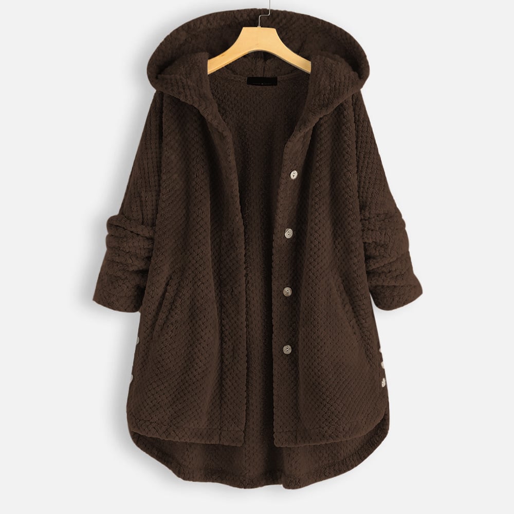 Puolipitkä, käännettävä fleece-takki hupulla talveksi