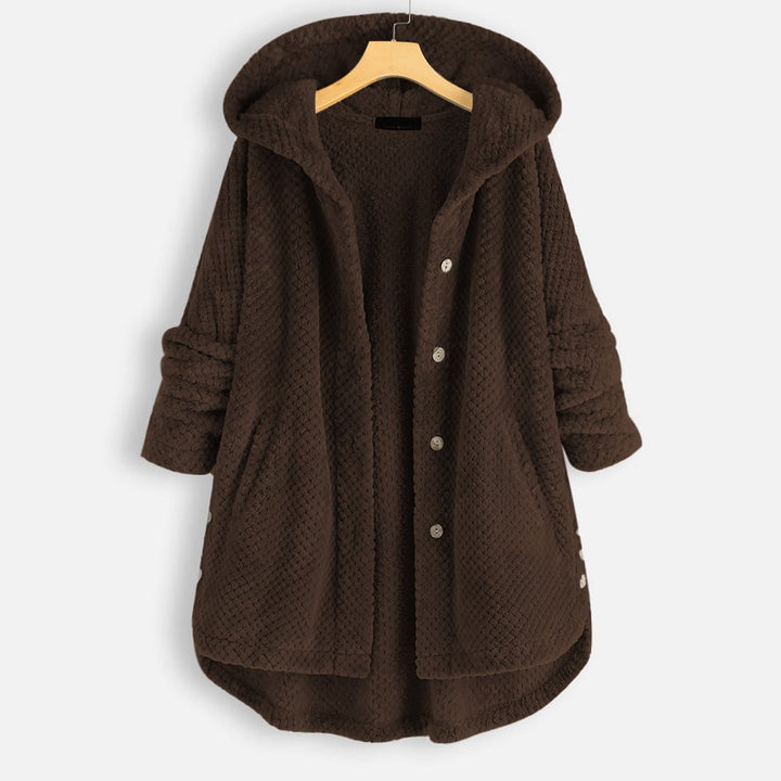 Puolipitkä, käännettävä fleece-takki hupulla talveksi
