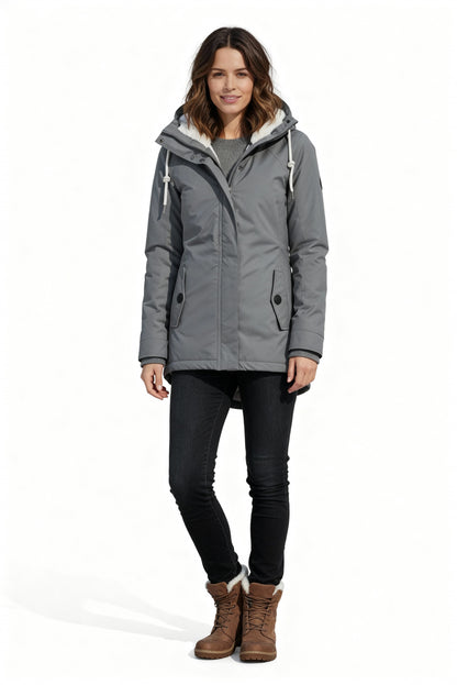 Pitkä talvitakki, jossa huppu ja vuori