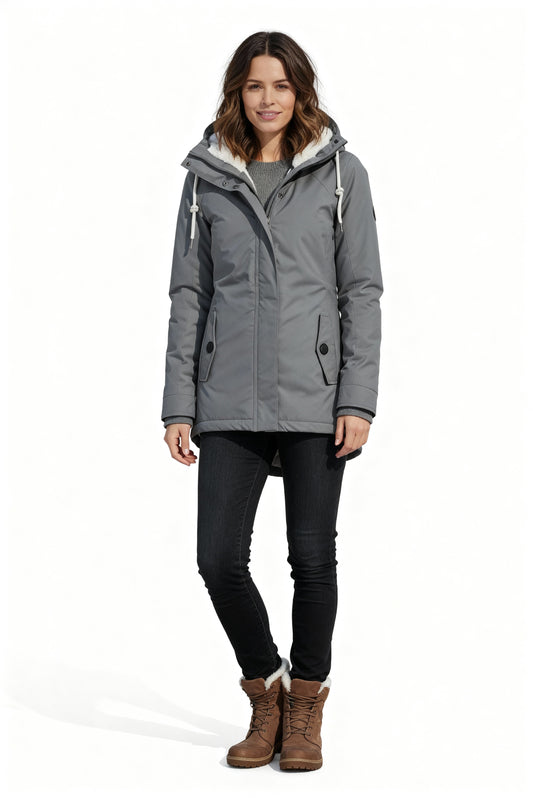 Pitkä talvitakki, jossa huppu ja vuori