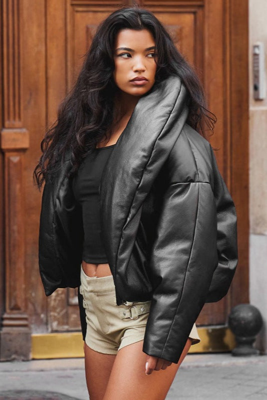 Luvik | Nahkasta valmistettu seisova kaulus lyhyt puffatakki