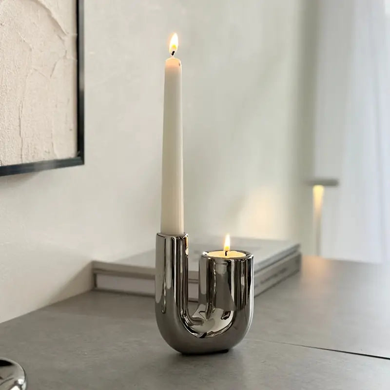 Elegant Sølv Stearinlys Holder med Minimalistisk Design | Luvikno