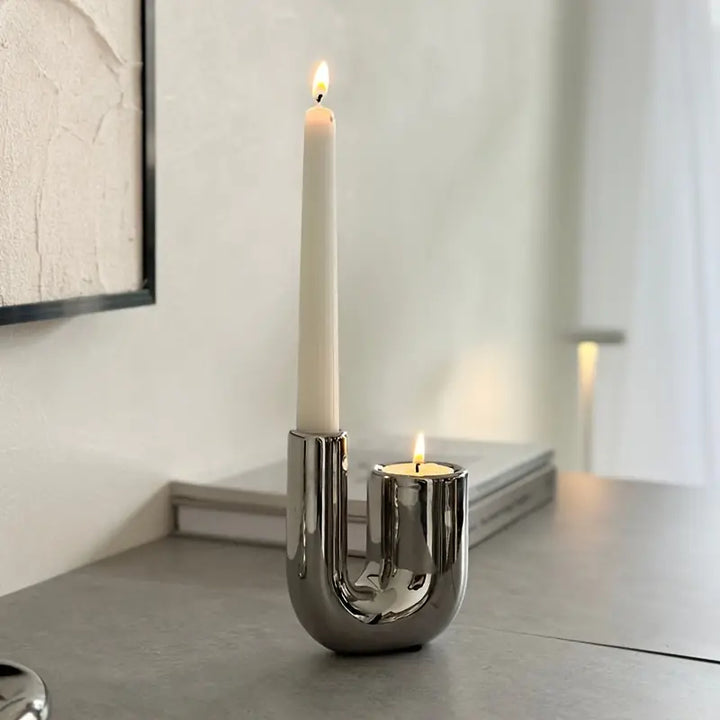 Elegant Sølv Stearinlys Holder med Minimalistisk Design | Luvikno