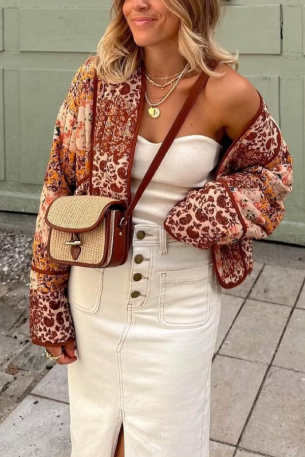 Luvik | Rento lyhyt neuletakki tikattu puuvillatakki