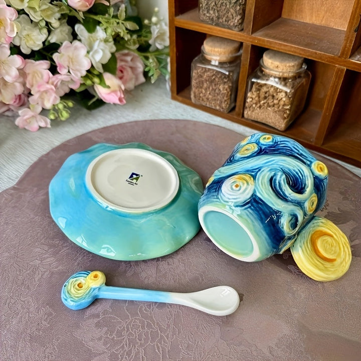 ArtSip Keramikkopp & Underskål Sett – Håndmalte 3D-design inspirert av Van Gogh | Luvikno
