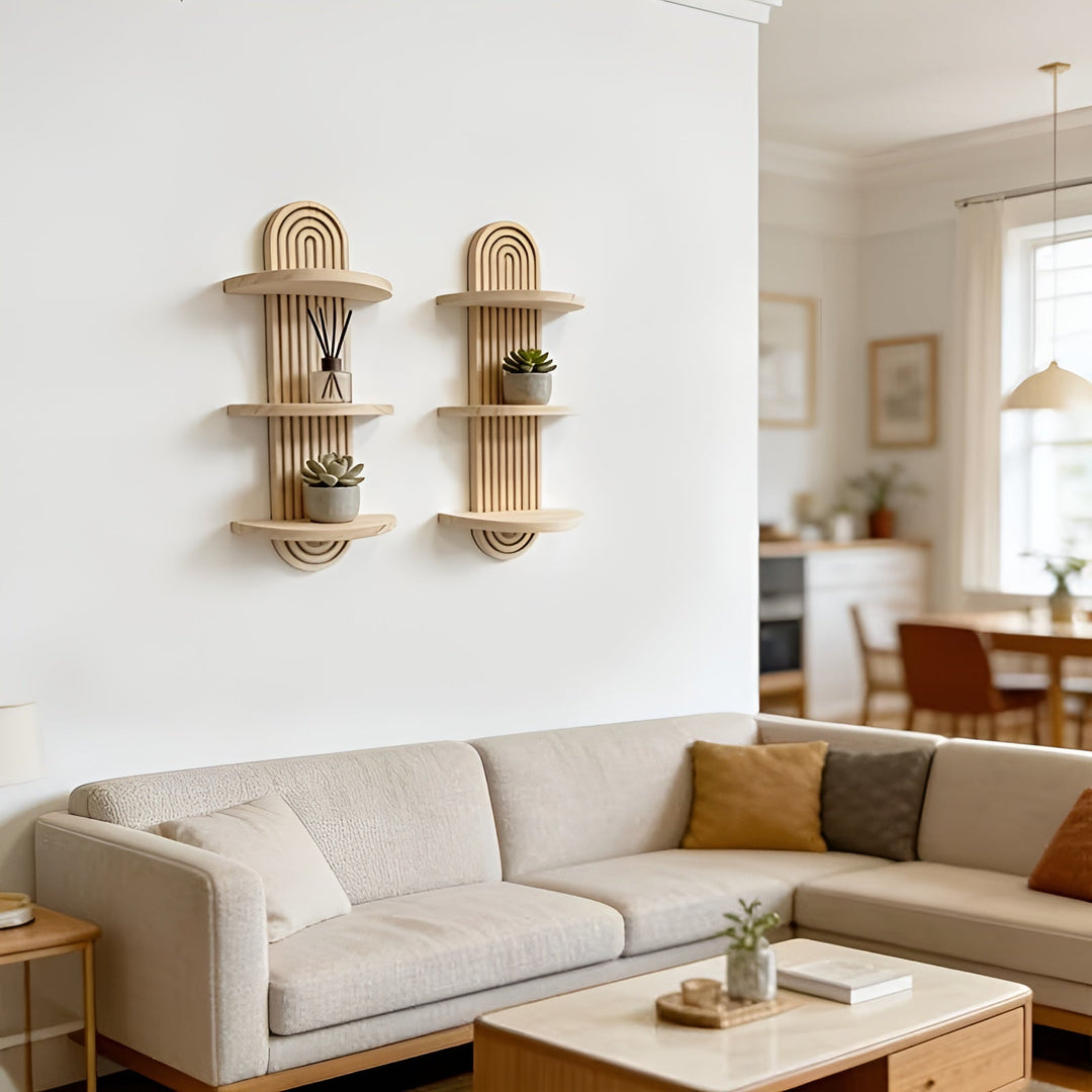 Boho Veggskap Laget av Massivt Tre – Flernivå og Plassbesparende | For Stue, Soverom og Gang | Luvikno
