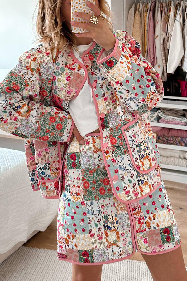 Luvik | Patchwork Blomster-mønster Trykk Knapper Med Lommer Polstret Lett Jakke
