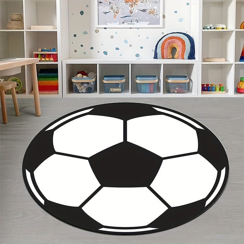 Rund fotballteppe med halkefri bakgrunn – Sporty teppe for barnerom og stue | Luvikno