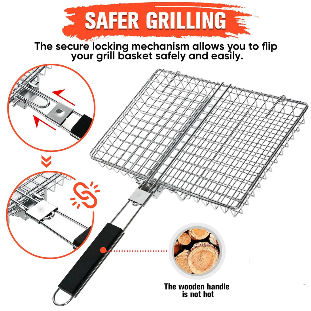 Folding Grillkurv med Trehåndtak Utendørs Camping BBQ Rack | Luvikno