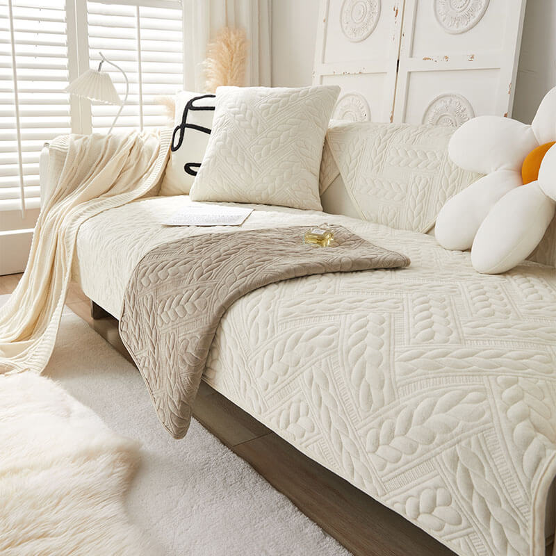 Varm Crystal Velvet Hvete Broderi Antiskli Sofa Dekke | Luvikno
