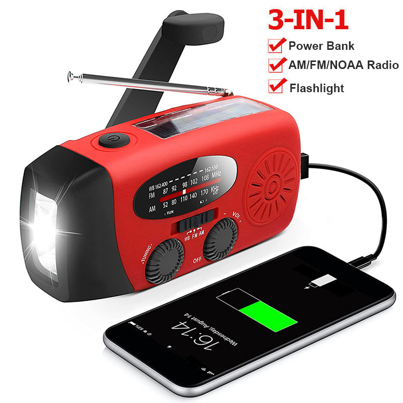 Luvikno | Selvdrevet Nødradio – Håndveiv, Solenergi, Lommelykt & Powerbank – FM/AM Radio, Essensiell for Katastrofer og Nødsituasjoner