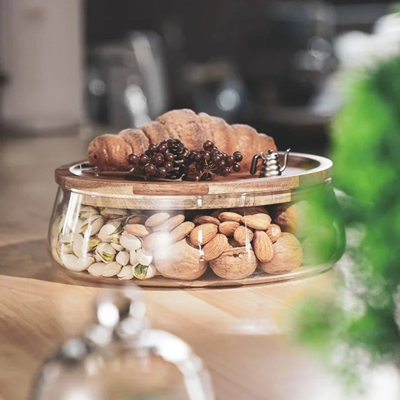 Glass Matbeholder med Tredeksel Kjøkken Snack Organizer | Luvikno
