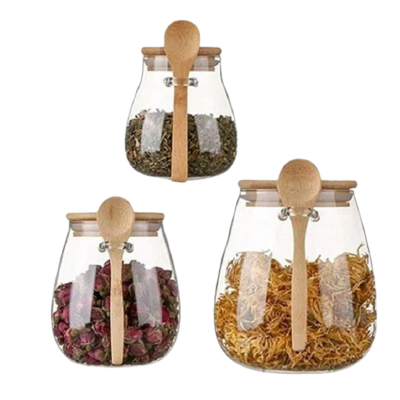 Glass Matlagringskrukke med Lokk i Tre med Tett Fitting og Skje Container | Luvikno