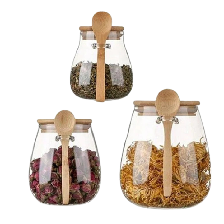 Glass Matlagringskrukke med Lokk i Tre med Tett Fitting og Skje Container | Luvikno