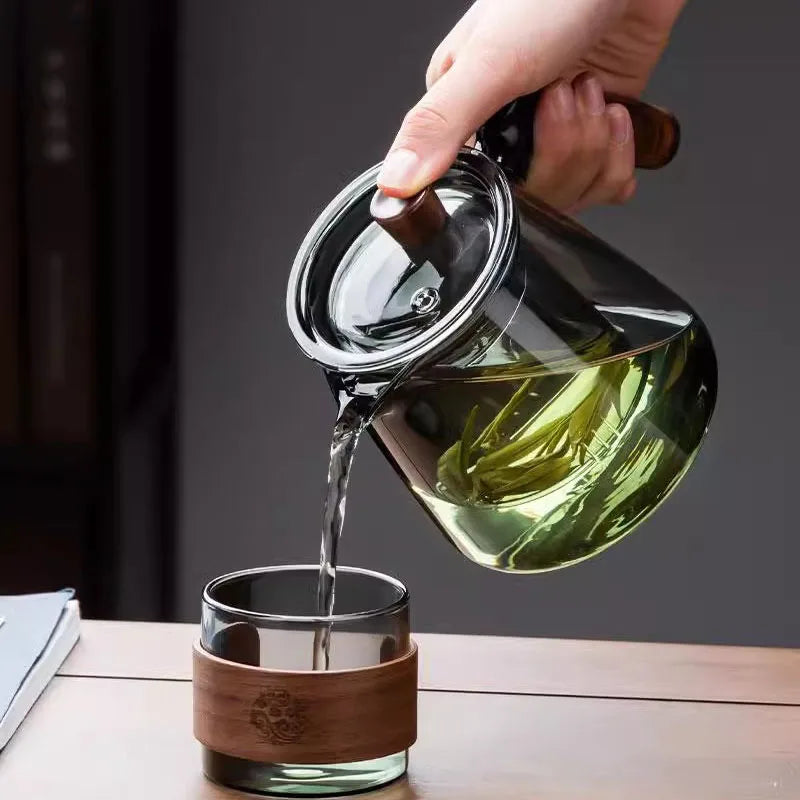 Glass tekanne med infuser varmebestandig tekanne med håndtak i tre | Luvikno
