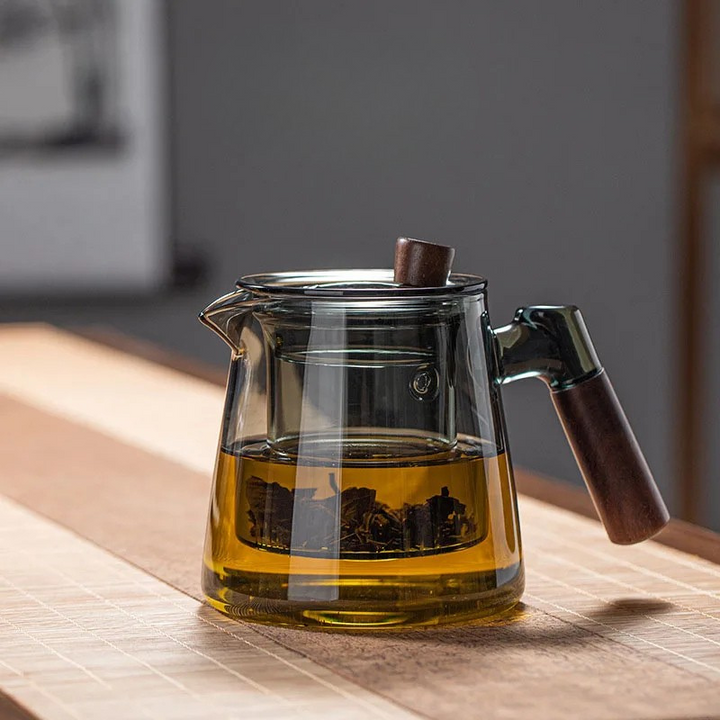 Glass tekanne med infuser varmebestandig tekanne med håndtak i tre | Luvikno