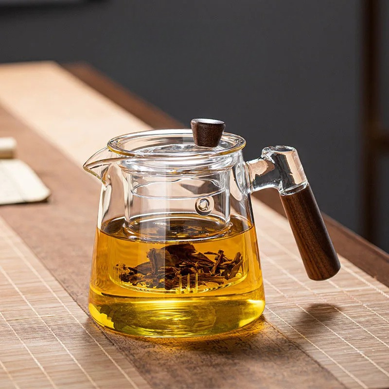 Glass tekanne med infuser varmebestandig tekanne med håndtak i tre | Luvikno