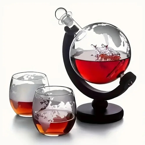 Glass Whiskey Decanter Set med Trestativ Gravert Verdensball Design | Luvikno