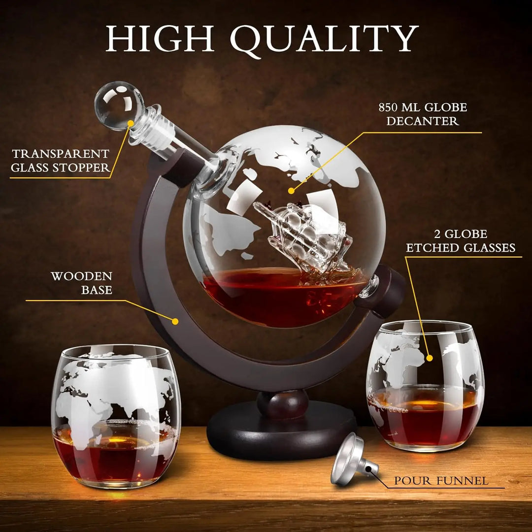 Glass Whiskey Decanter Set med Tre Stativ Graverte Verdens Ball Design | Luvikno