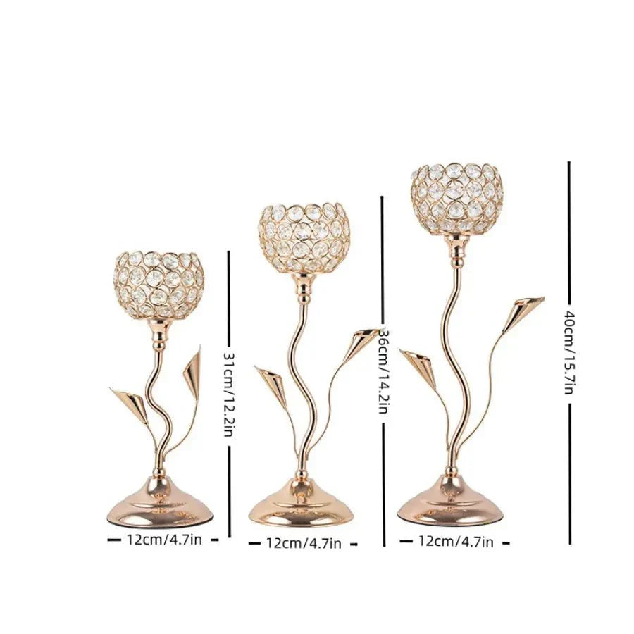 Gylden Krystall Blomst Form Lysestake Holder Sett - Metall Klassisk Design | Luvikno