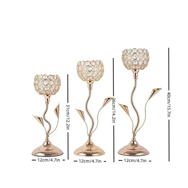 Gylden Krystall Blomst Form Lysestake Holder Sett - Metall Klassisk Design | Luvikno