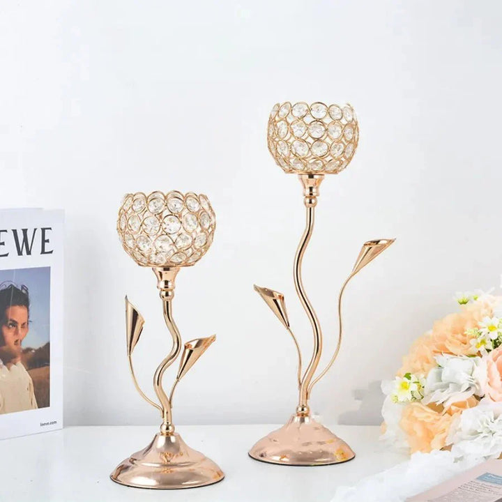 Gylden Krystall Blomst Form Lysestake Holder Sett - Metall Klassisk Design | Luvikno
