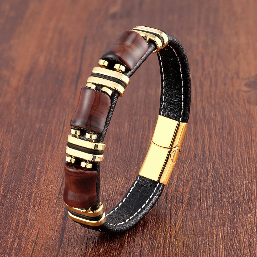 Armbånd Skinn Gull | Tiger Eye Perle Herrers Smykker Luvikno