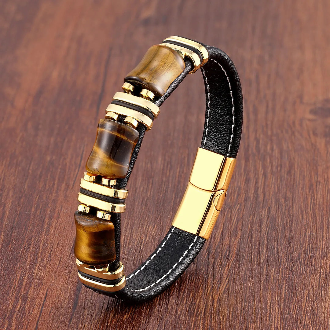 Armbånd Skinn Gull | Tiger Eye Perle Herrers Smykker Luvikno