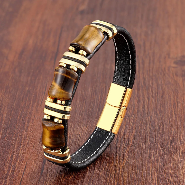 Armbånd Skinn Gull | Tiger Eye Perle Herrers Smykker Luvikno