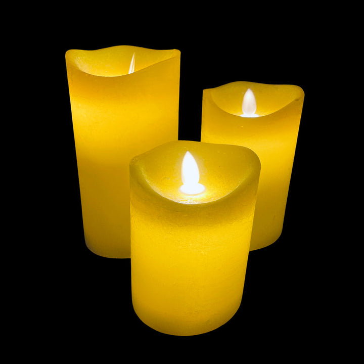 LED Lys - rustikk - 3 stykker - 10/12,5/15 cm - med 3D flamme - (ulike farger) | Luvikno