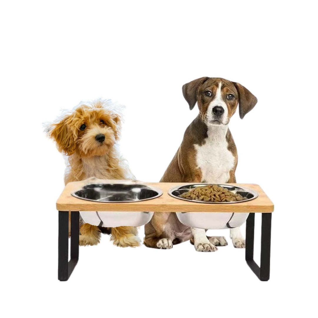 Hevet Dog Food Bowl – Bambusstativ med avtakbare rustfrie stålskåler | Luvikno