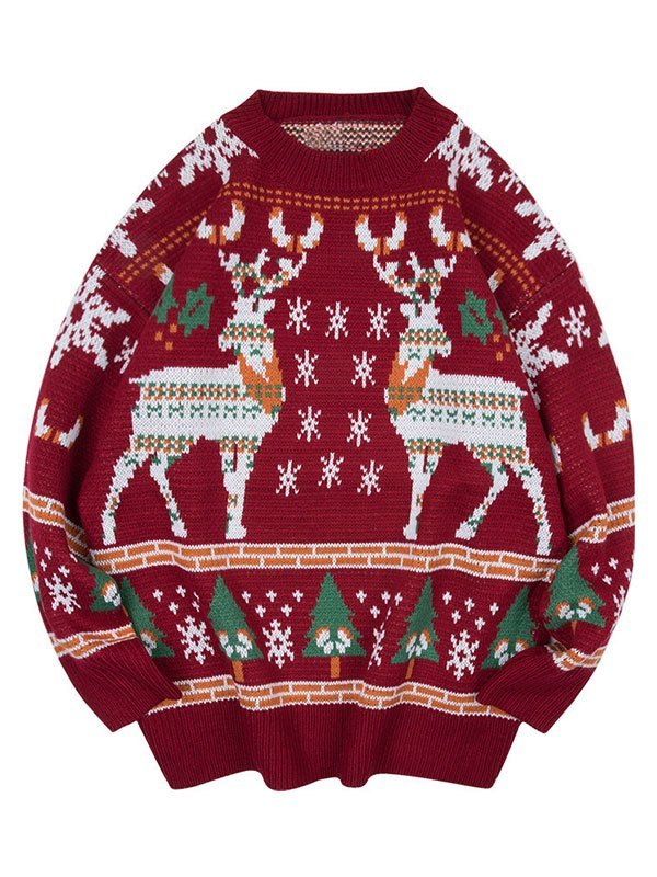 Luvik | Vintage Rund Krage Genser med Juleelg Print