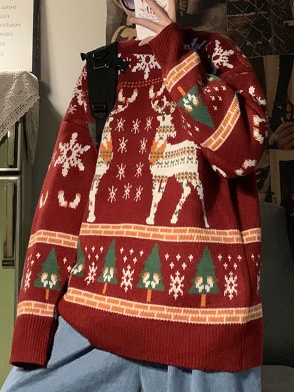 Luvik | Vintage Rund Krage Genser med Juleelg Print