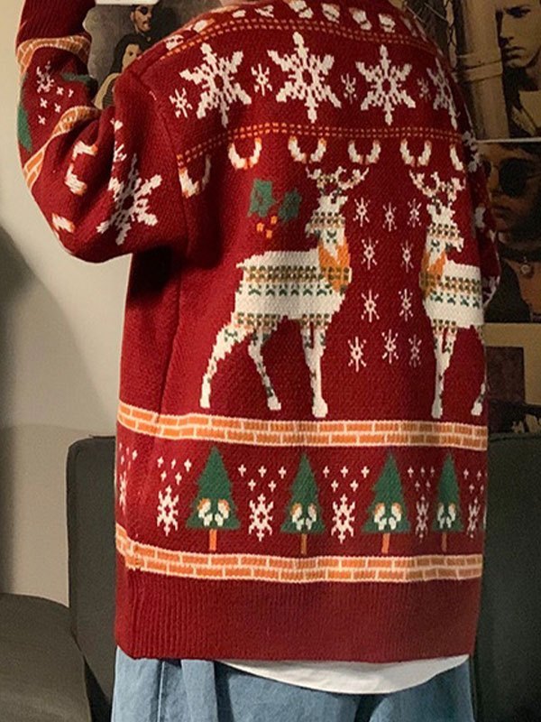 Luvik | Vintage Rund Krage Genser med Juleelg Print